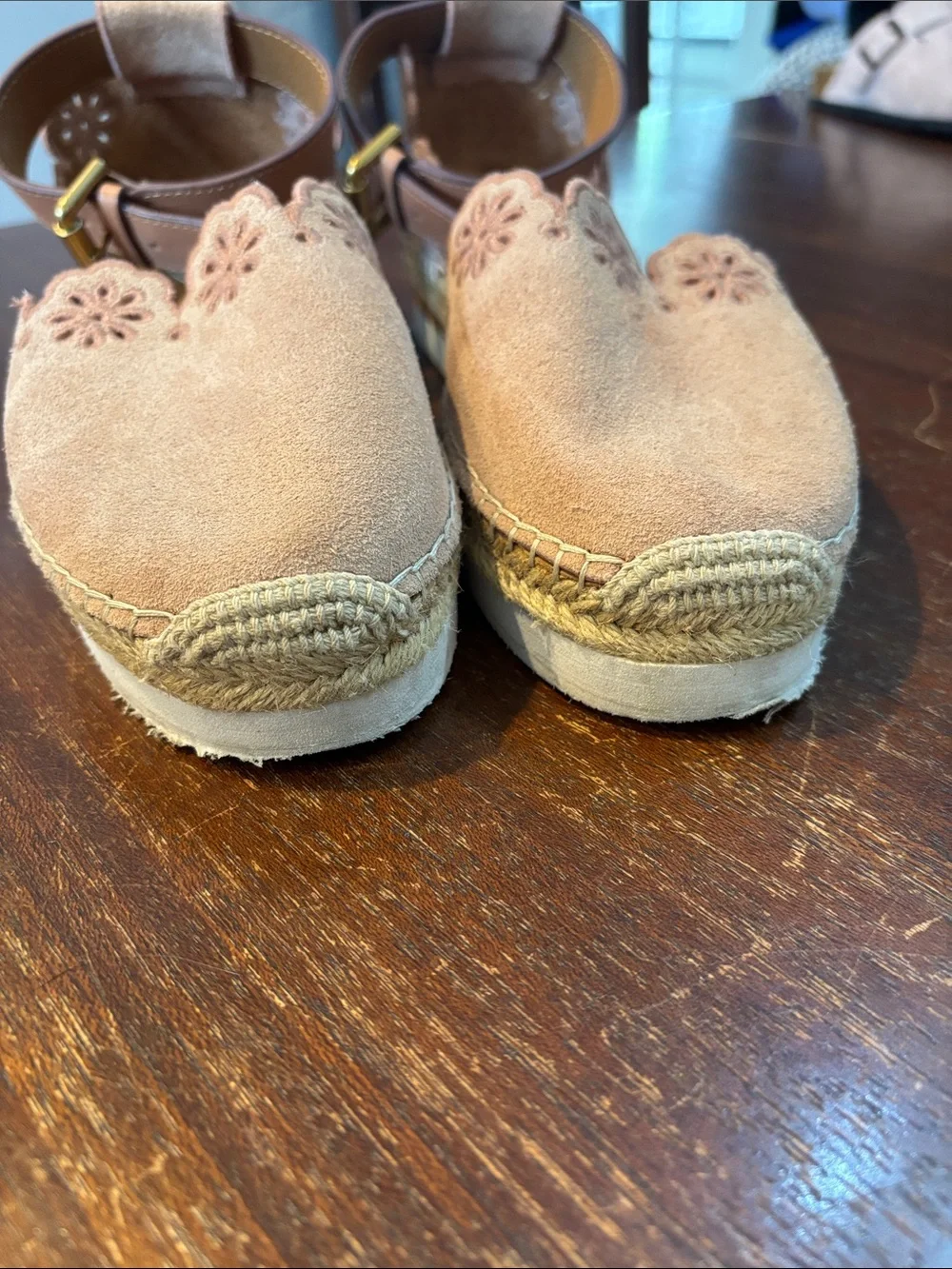 See By Chloe Blush Suede Espadrille Sandals with Ankle Strap